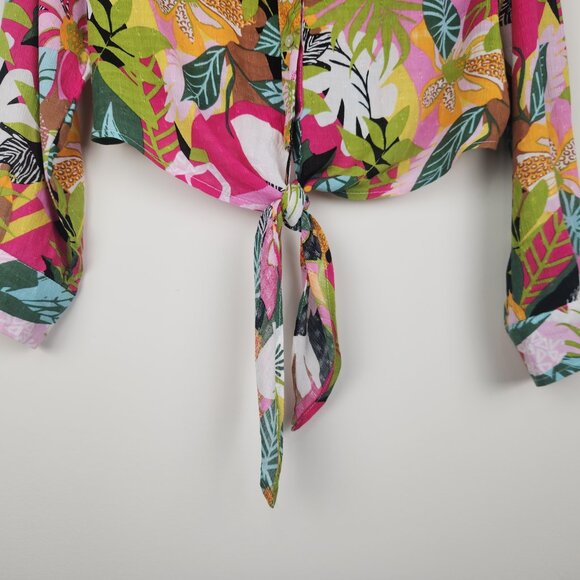 Rachel Roy Size S Colorful Floral Tropical Print Tie Hem Long Sleeve Top Blouse - Picture 3 of 10